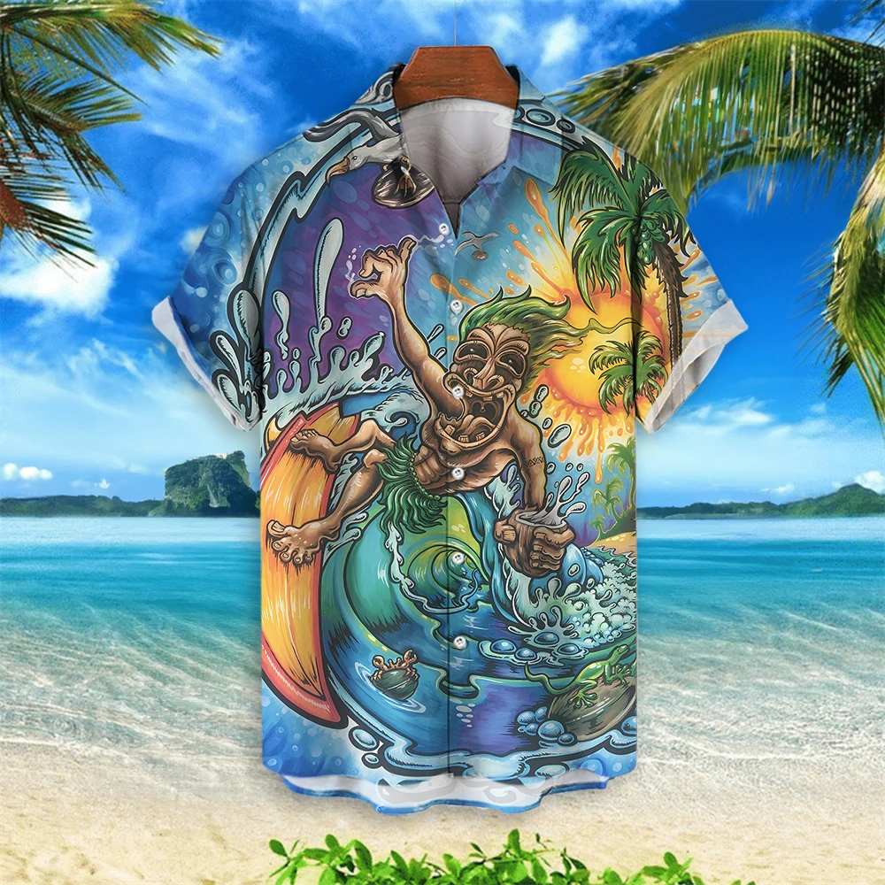 

Hawaiian Shirt For Men Tiki Patterned Shirts Beach Tees Casual Tropical Short Sleeve Tops Button Blouse Oversized Men's Clothing