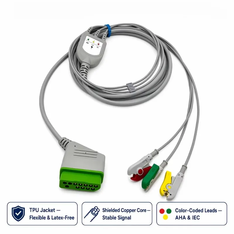3-Lead ECG Cable 2.8m 12PIN Compatible All-in-one