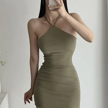 여성용 섹시한 밴디지 넥 마운트 바디콘 드레스, 민소매 백리스 스키니 원피스, 솔리드 클럽 이브닝 파티, 짧은 패션