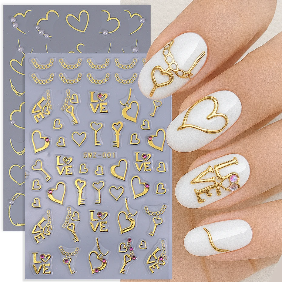 2 قطعة البرنز الذهب الحب القلب مسمار ملصق مع حجر الراين مفتاح خطوط غير منتظمة التصميم الفرنسي لاصق الشارات DIY بها بنفسك مانيكير ديكور #1