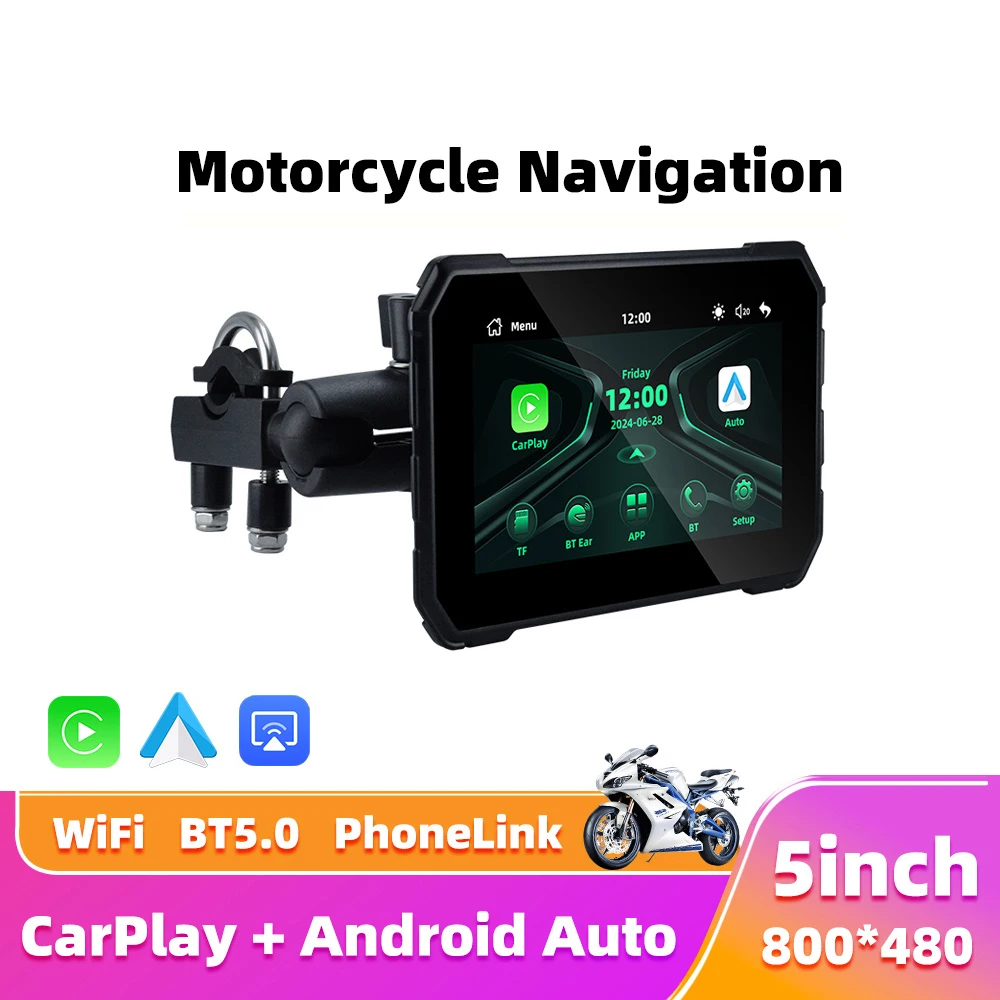 5" Wireless CarPlay Android Auto Motorcycle GPS Navigation Screen For Factory Wired CarPlay Only Waterproof Dustproof