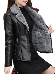 Autumn Winter Warm Faux Fur Coat Women Leather Jacket Ladies Slim Moto Biker Basic Jackets Plush Casual Outerwear