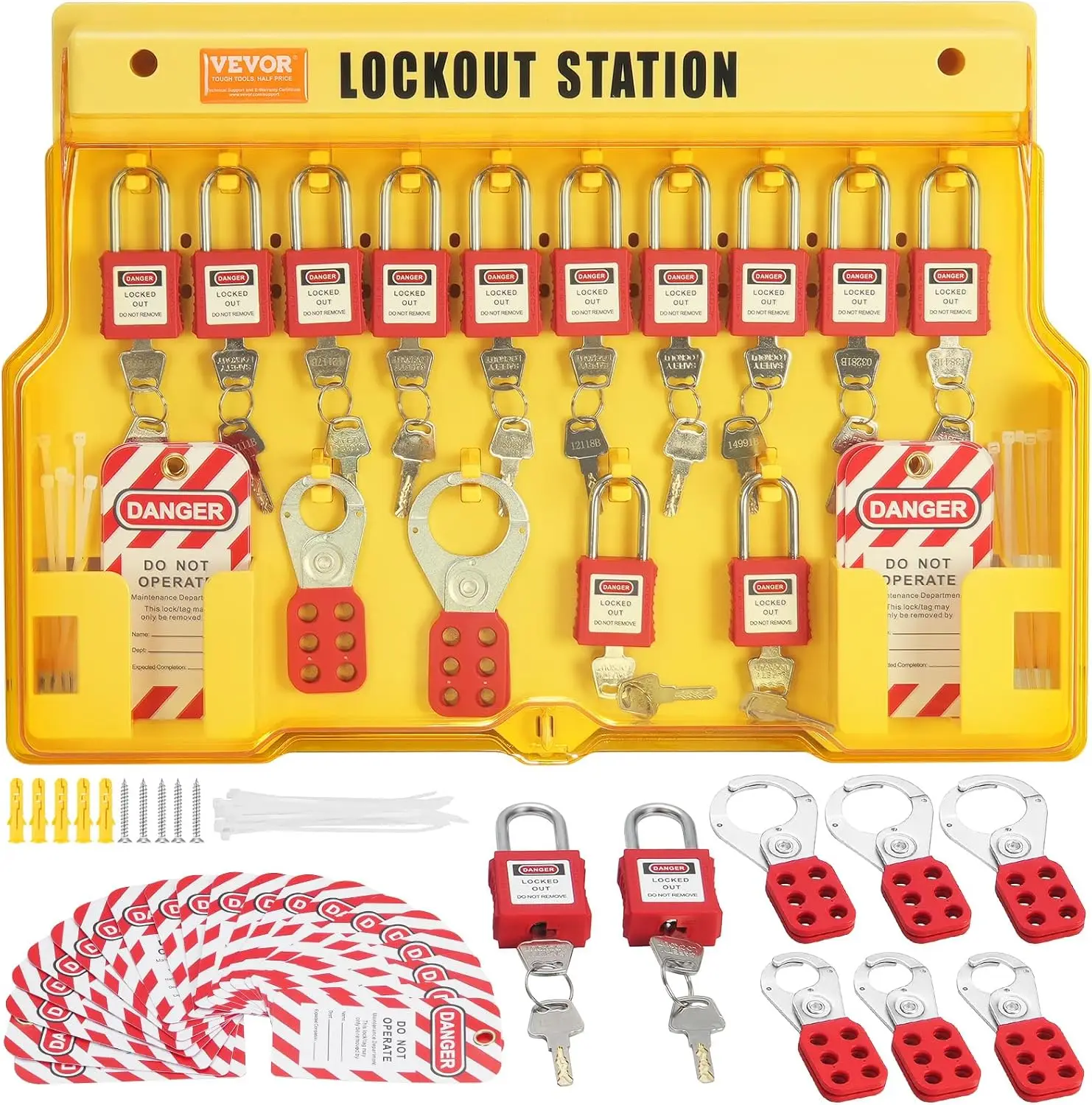 60pcs Lockout Tagout Kit, 14 Padlocks, 3 Hasps, 40 Tags, 40 Ties, 5 Expansion Kits, Lockout Station Board, Metallic