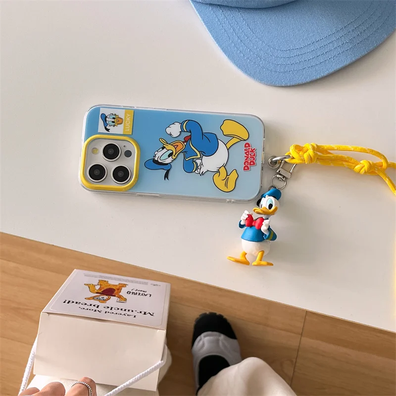 Disney süße Donald Duck lustige Cartoon weiche Silikon Handyhülle für iPhone 15 14 13 12 Pro Max Donald Duck Puppe Lanyard Anti-Drop
