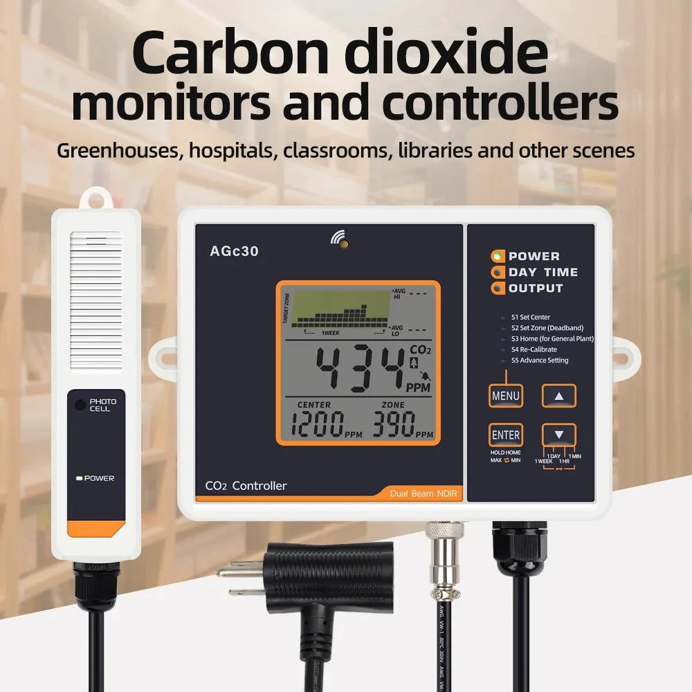 AGc30 Carbon Dioxide Monitor & Controller Dual Channel Ndir Day Night Co2 Sensor Co2 Meter For Farm