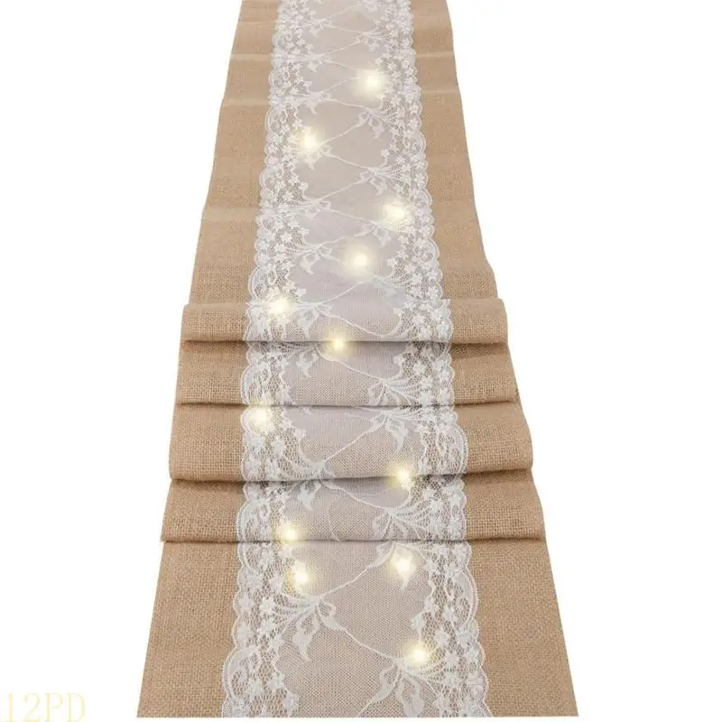 12PD Reusable Burlap Lace Table Runner With LED Light Fade Resistant Polyester Fabric for Indoor Furnitures Cover