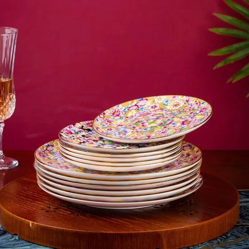 Gold Stroke Enamel Ceramic Plate Chinese Classical Floral Decorative Bone China Plates Hotel Restaurant Serving Tray Tableware