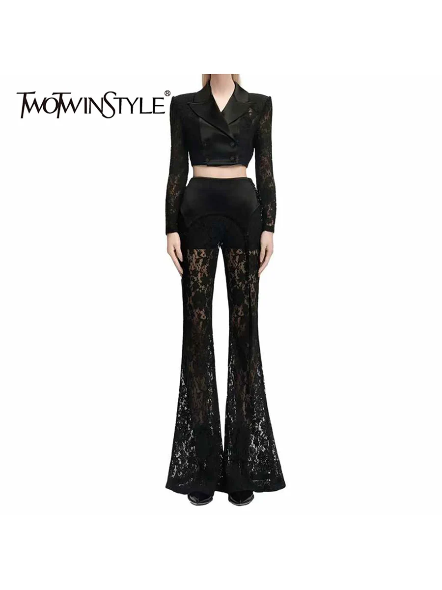 

Комплект из двух предметов TWOTWINSTYLE: однотонный кружевной топ с вырезом и длинными рукавами, брюки-клеш с высокой талией, ажурный комплект для женщин, 2026
