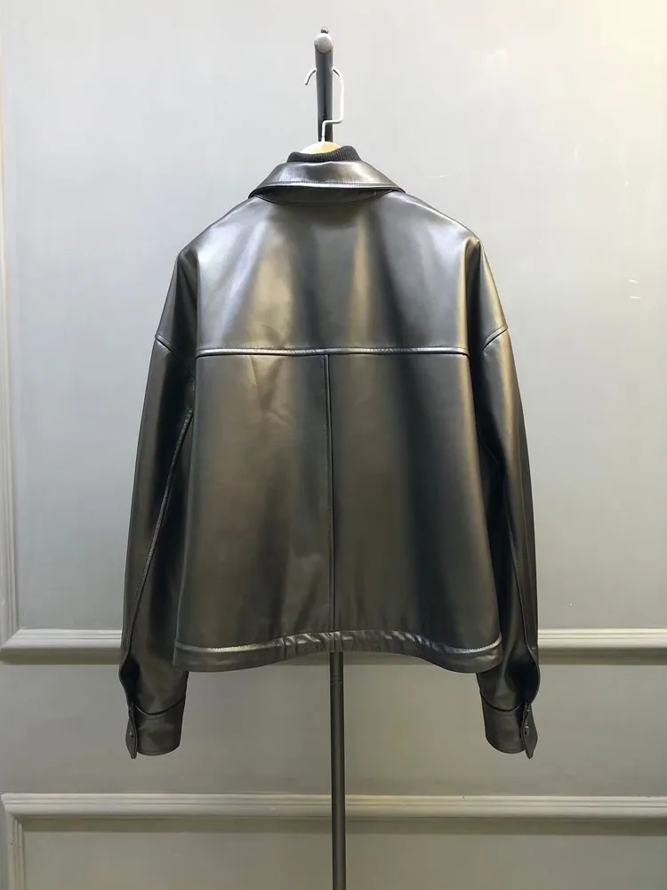 Giacca da donna in vera pelle alla moda Colletto couverture Cappotto casual monopetto da lavoro Lady Capispalla in pelle di pecora naturale vestibilità ampia