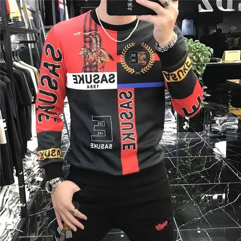 Stylish Youthful Vitality Letter T-shirts Spring Autumn Round Neck Men\'s Clothing Long Sleeve Casual Spliced Printed Pullovers