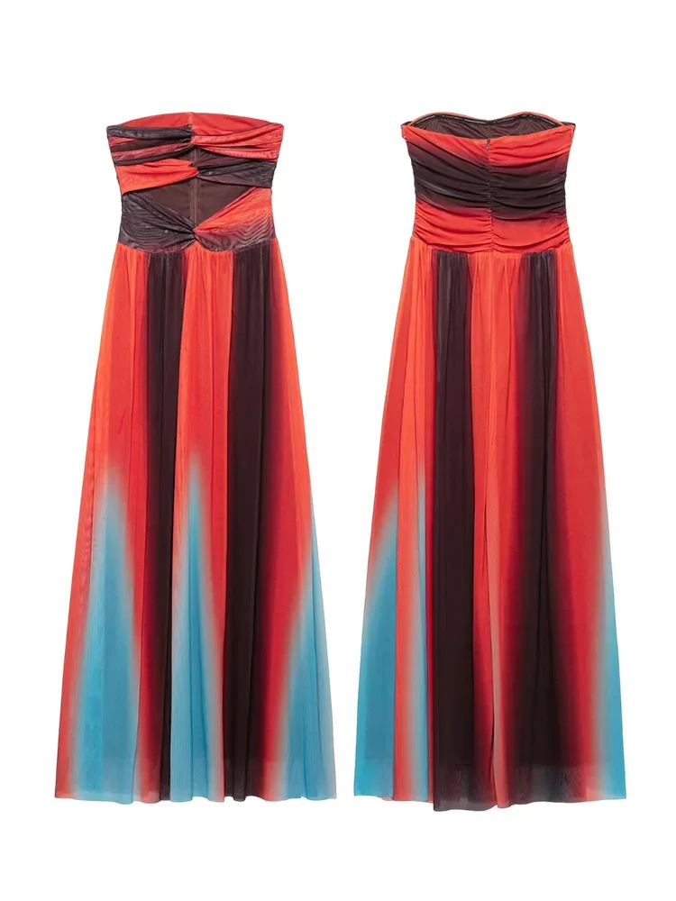 New Women's Hollow Out Design Mesh Sheath Dress Bohemian Wind Holiday Sexy Strapless Long Dress Elegant Women's Dresses