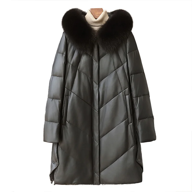 

2025 Winter New Genuine Leather Goose Down Jacket Women's Sheepskin Fox Fur Collar Loose Leather Coat