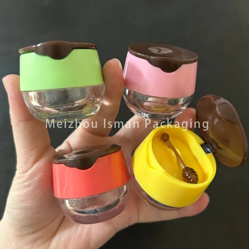 50Pcs New unique empty yellow green pink red honey lip balm case packaging lip mask jar cute lip scrub container with brush 6g