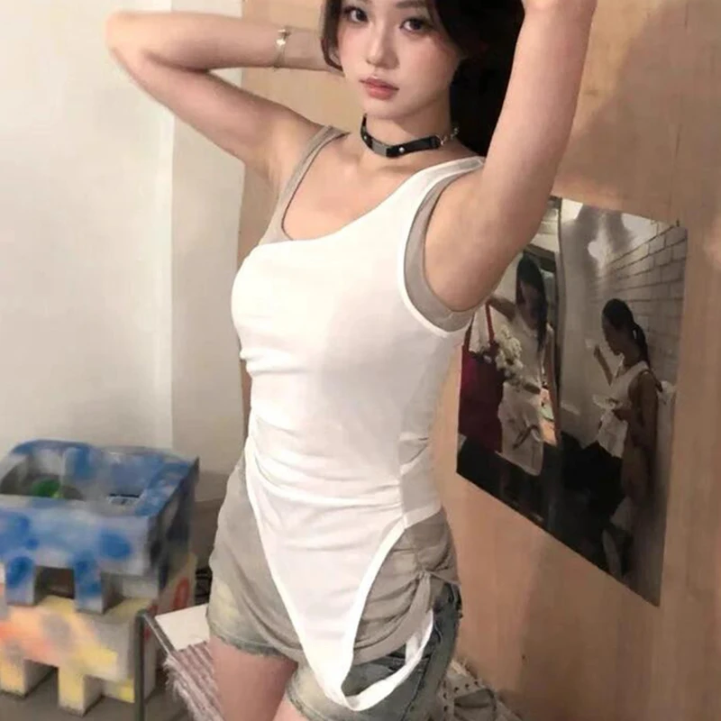 Gilet dal design falso in due pezzi Top Y2K senza maniche irregolari a strati estivi da donna