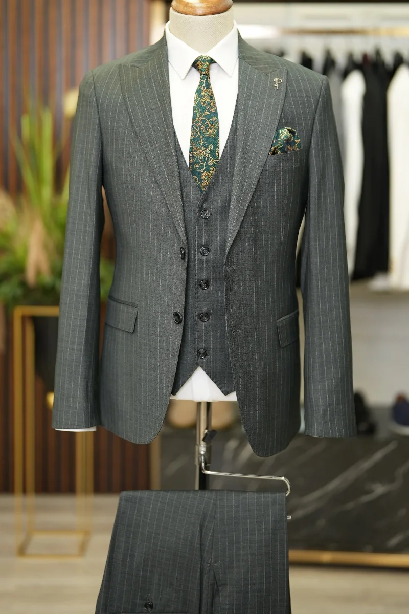 Classic Mens Striped Suit Italian Style Slim Fit Jacket Vest Trousers for Wedding Business Office Formal Male Suits