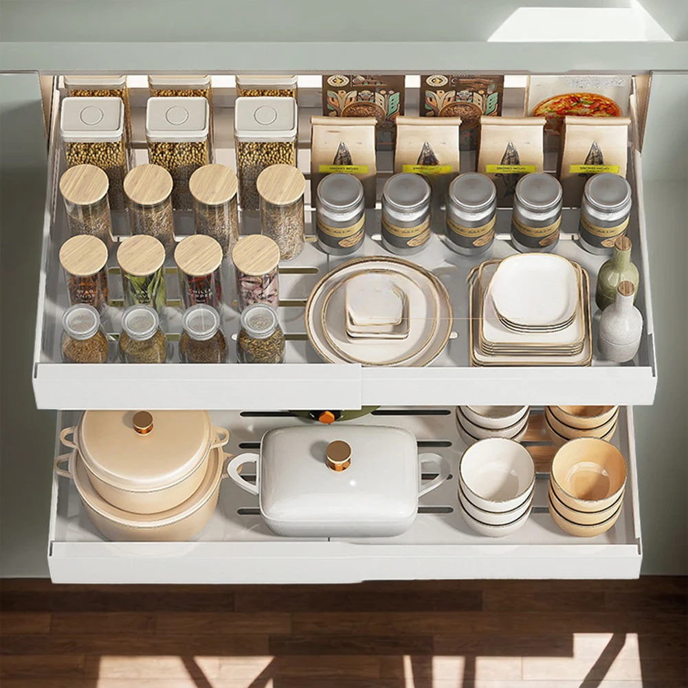 Scalable Pull-out Kitchen Storage Rack with Slide Rails No Punch Drawer Type Storage Tray Shelves Spice Box Cabinets Organizer