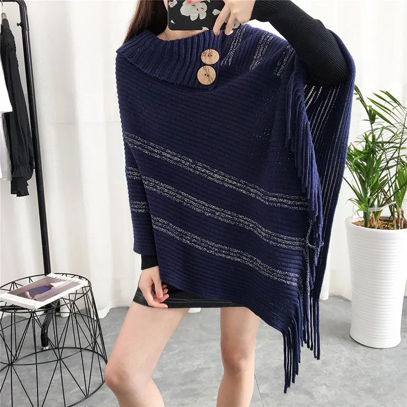 Spring Autumn Nordic Design Button High Lapel Cape Bright Silk Sweater  Loose Pullover Sleeveless Lady Outside Black