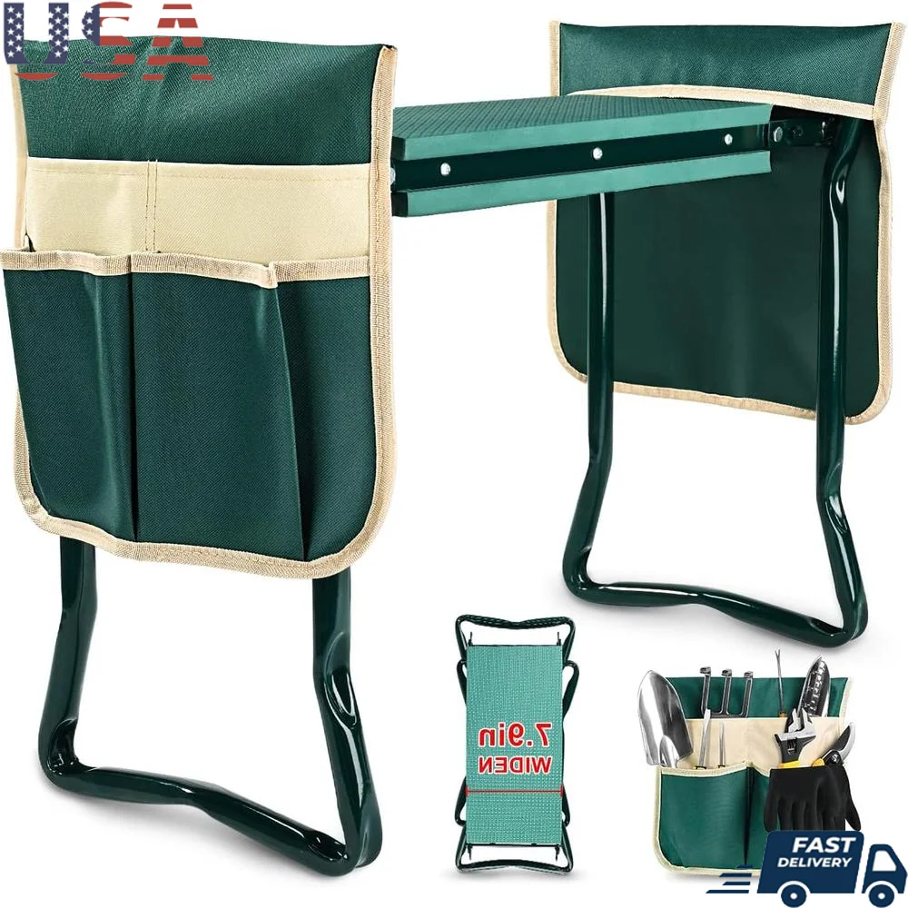 Upgraded Garden Kneeler and Seat Heavy Duty Foldable Stool with Thick Soft Kneeling Pad 2 Tool Pouches Ideal Seniors Gardening