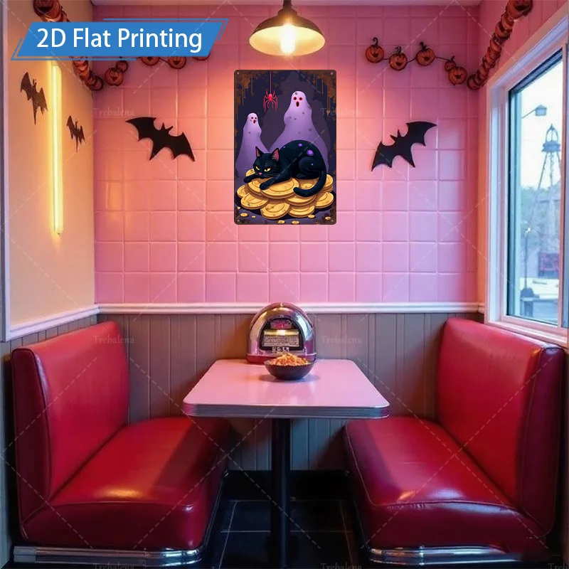 1 قطعة 8x12 بوصة علامة معدنية للهالوين القط الأسود والأشباح على العملات الذهبية المعدنية جدار ديكور فني #5