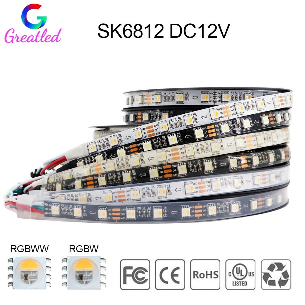 

1-5M SK6812 RGBW RGBWW LED Strip Light 5050SMD 4 IN 1 60LEDs/m Addressable LED Pixel Tape White/Black PCB IP30 IP65 IP67 DC12V