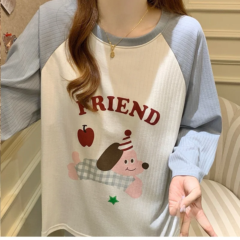 

Cartoon Dog Print Sleepwear Women's New Style 2026 Korean Version Spring Autumn Home Clothes Two-Piece Set with Chest Pad
