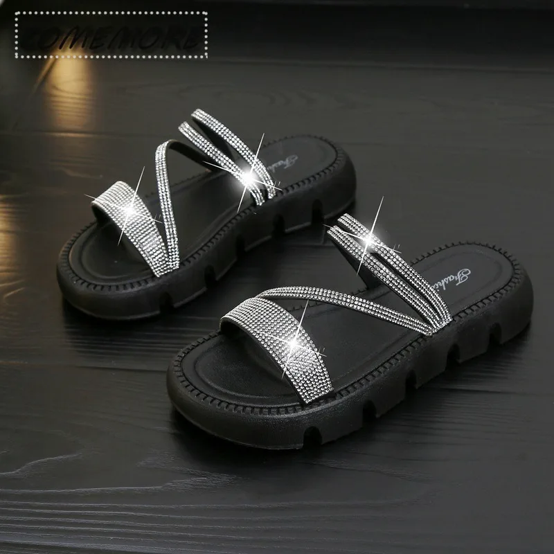 2024 Trend Summer Two Wear Round Head Women’s Dress Designer Luxury Rhinestone Slippers Large Size Sandals for Woman Beach Black