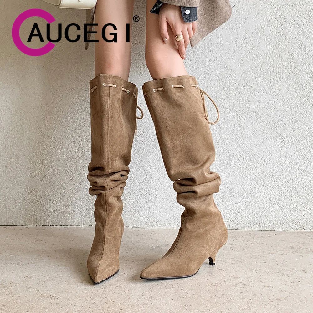 Aucegi New Pleated Faux Suede Knee High Boots Women Retro Black Khaki Pointed Toe Kitten Heels Comfortable Two Wearing Shoes