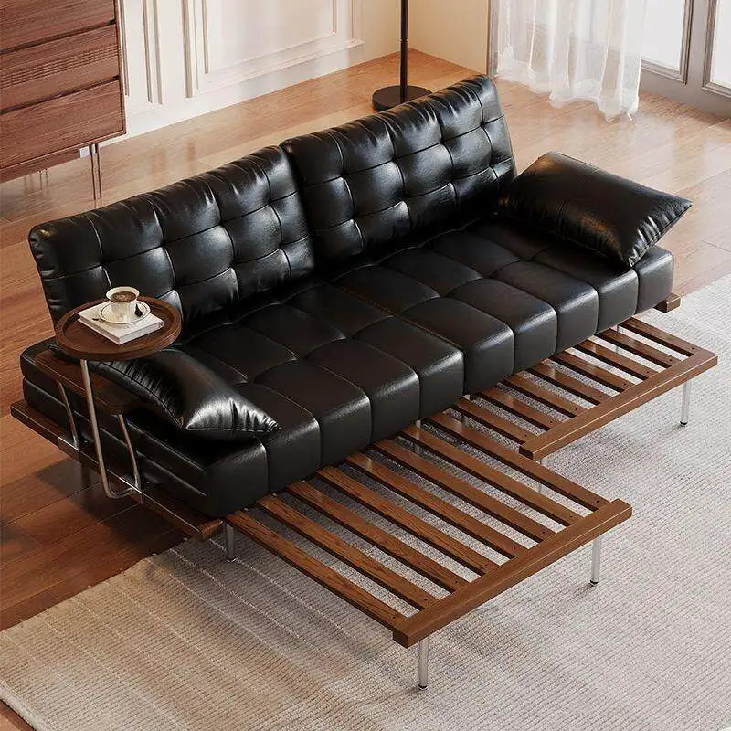 

High-end sofa bed wooden leather creative living room sofa bed luxury modern home