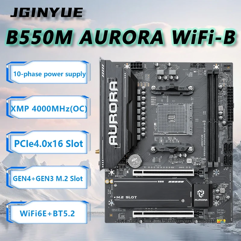 JGINYUE B550M AURORA WiFi-B Motherboard M-ATX For AMD® Ryzen 4/5000series(Up to 5800X3D) Desktop PC DDR4 RAM PCIe4.0 GAME Office
