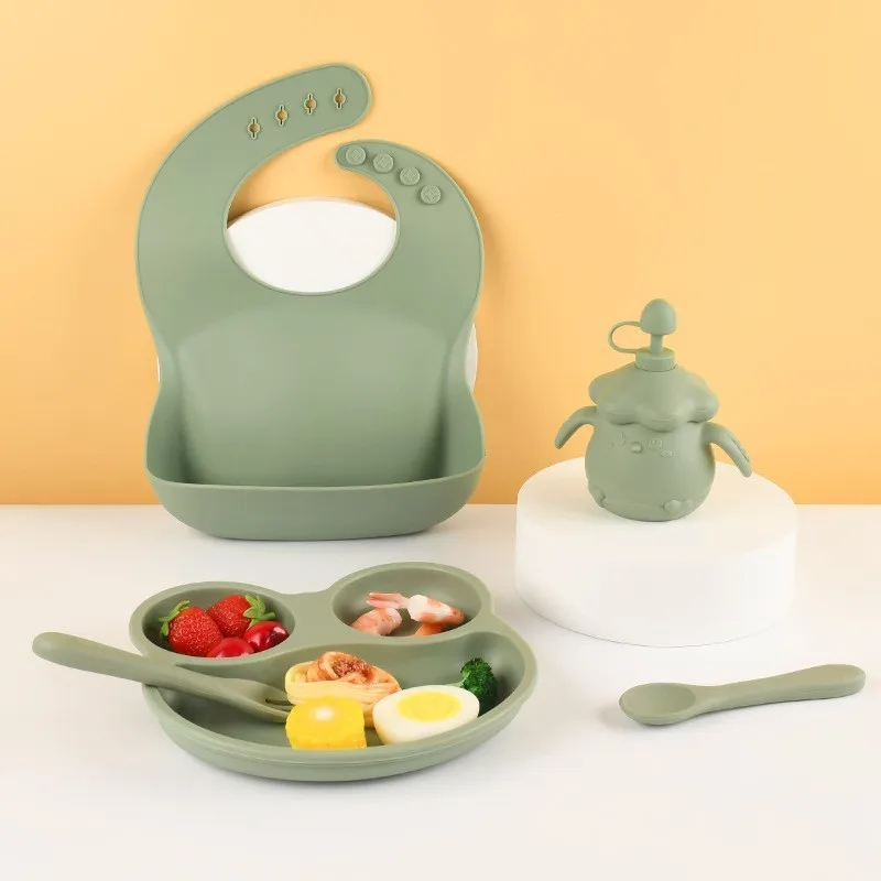 

Baby Feeding Plate Sets Suction Bowl Silicone Plate For Kids 6Pcs Children Tableware Personalized Name Dinner Dishes Cups Spoon