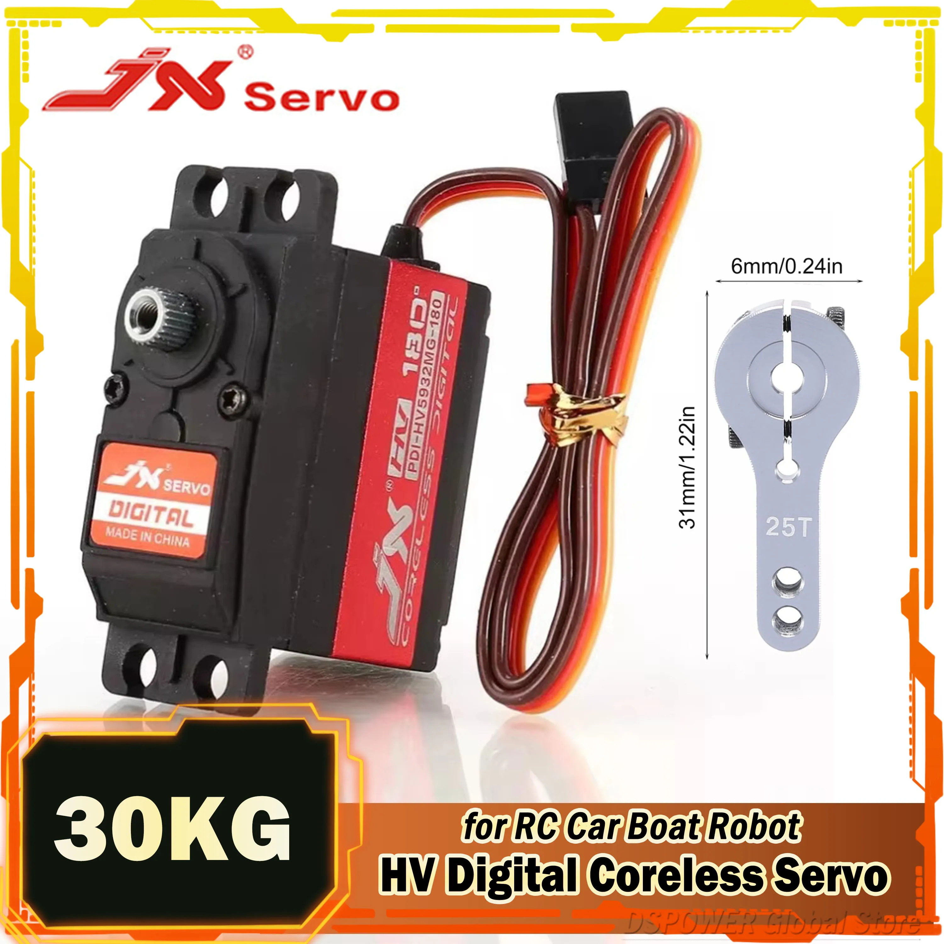 Servo JX 30KG 180 °   HV Digital PDI-HV5932MG Metal Gear Motor Coreless de alta precisão 6-8.4V 25T para modelo RC carro barco robô parte