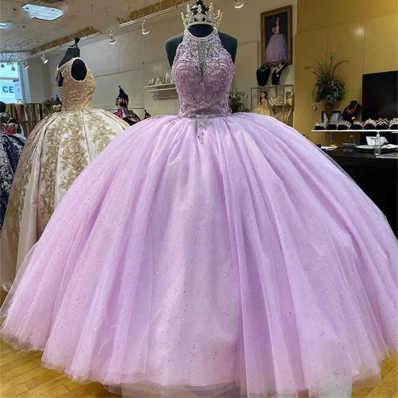 

Angelsbridep Lilac Ball Gown Quinceanera Dresses Halter Beads Shiny Sequind Floor Length Sweet 16 Dress vestidos De 15 Años