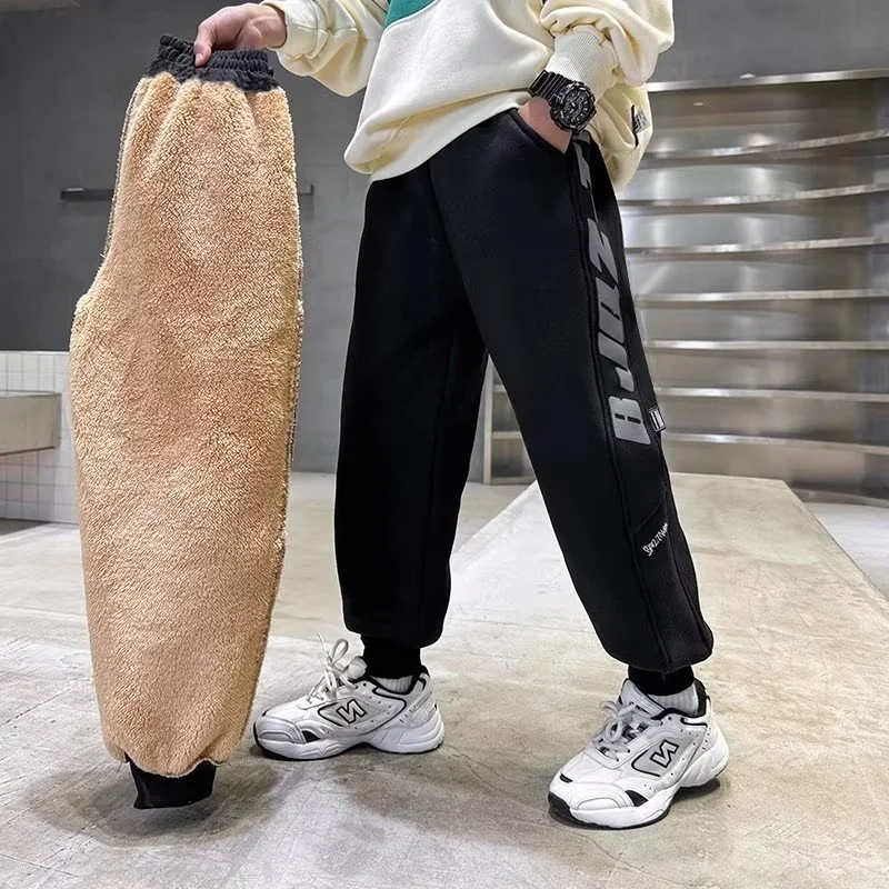 

Boys Thick Warm Pants Children's Plush Velvet Winter Trousers Teenager Casual Clothing Big Kids Padded Snow Sweatpants 4-14Y