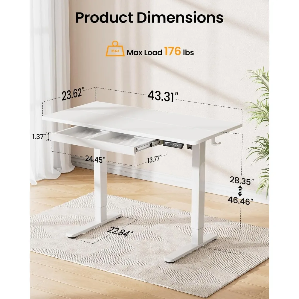 adjustable height electric desk 44"x24" with drawers, 4 memory heights, ergonomic home office desk