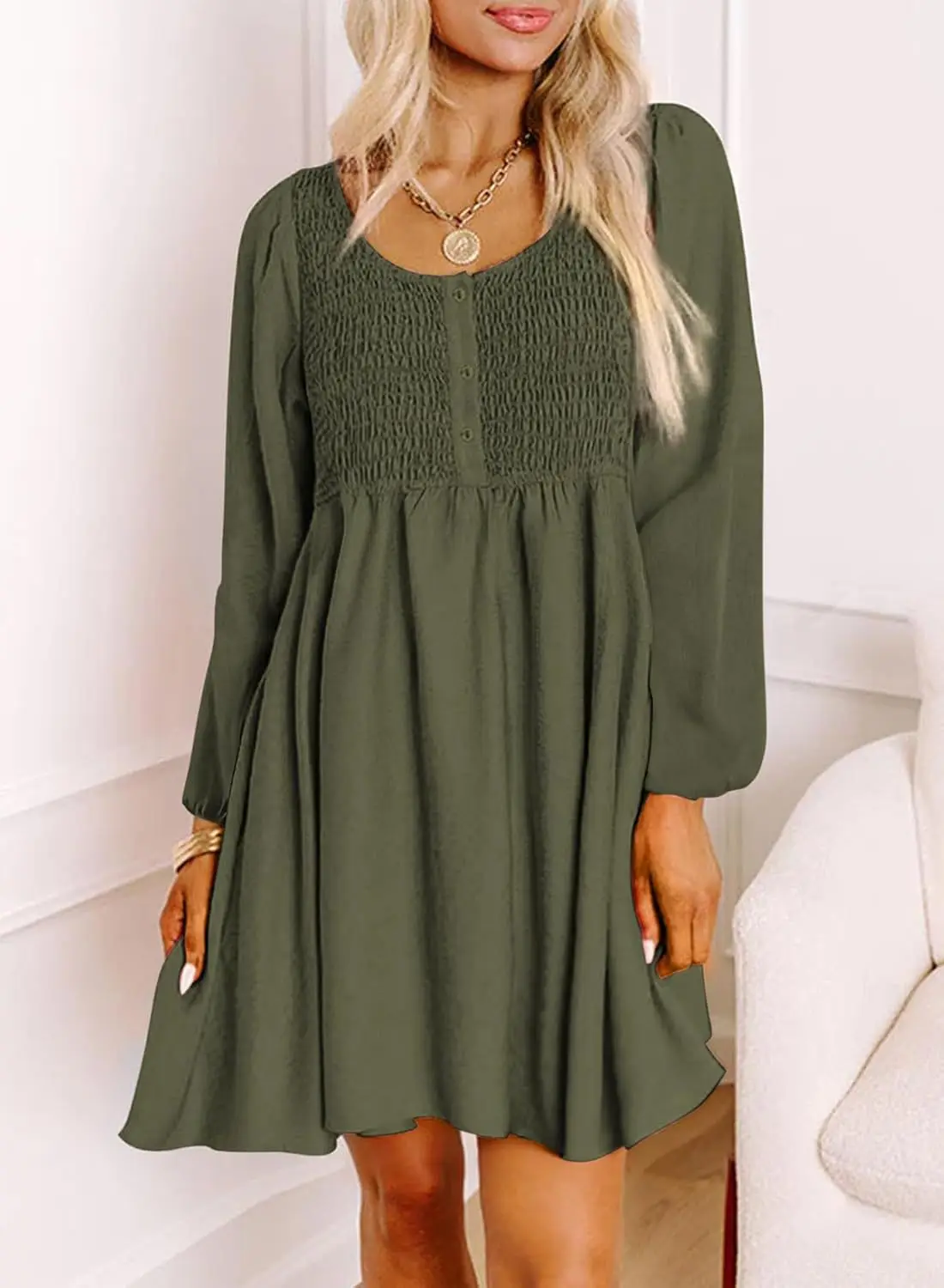 American European Women’s O-neck Puff Sleeve Above Knee Length Casual Elegant Trendy High Waist Dress New Fashion Female Clothes