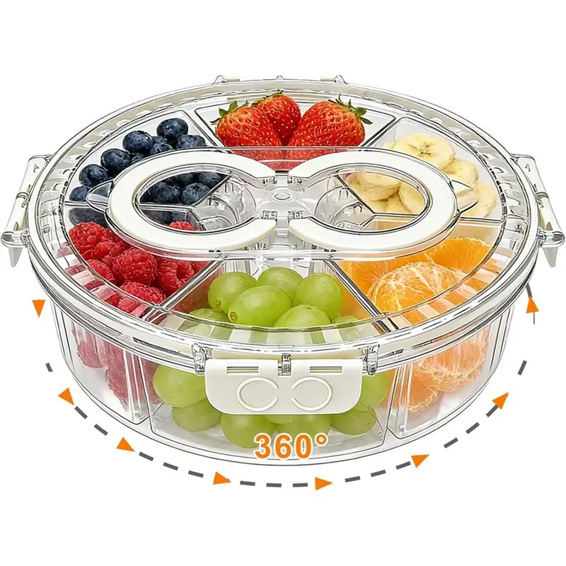 ALIM-Rotating Divided Serving Tray With Lid& Handle, 6-Compartment Snack Box Container For Kitchen, Picnic Parties, Travel