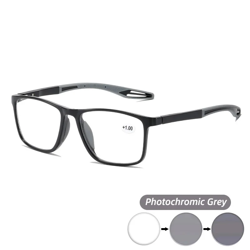 SHONEMES Photochromic Grey Brown Reading Glasses Anti Blue Light Square Eyeglasses Sport Men Presbyopic Eyewear Diopter +1 2 3 4