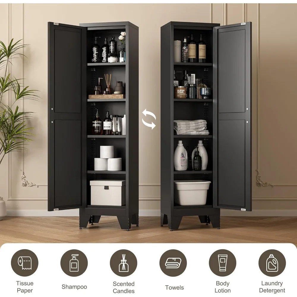 ตู้เก็บของโลหะสำหรับห้องน้ำทรงแคบ สูง 67 นิ้ว พร้อมชั้นวางปรับได้ 4 ชั้น ตู้เก็บของแบบตั้งพื้น 5 ชั้น สำหรับห้องครัวขนาดเล็ก