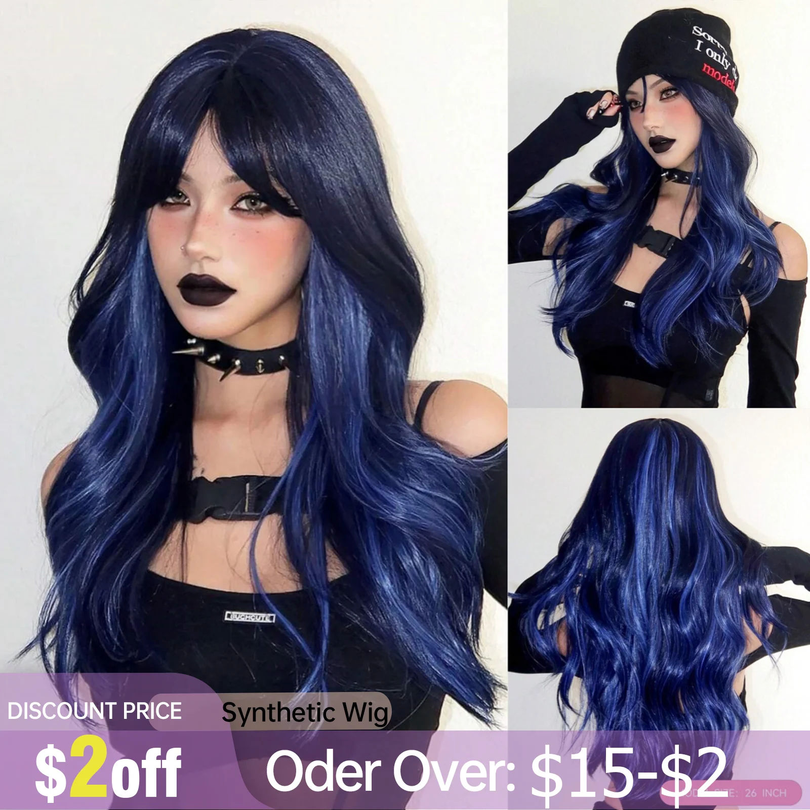 Black Blue Highlight Blue Hair Wigs with Bangs Long Wavy Dark Blue Synthetic Wig for Woman Cosplay Colorful Wig Heat Resistant