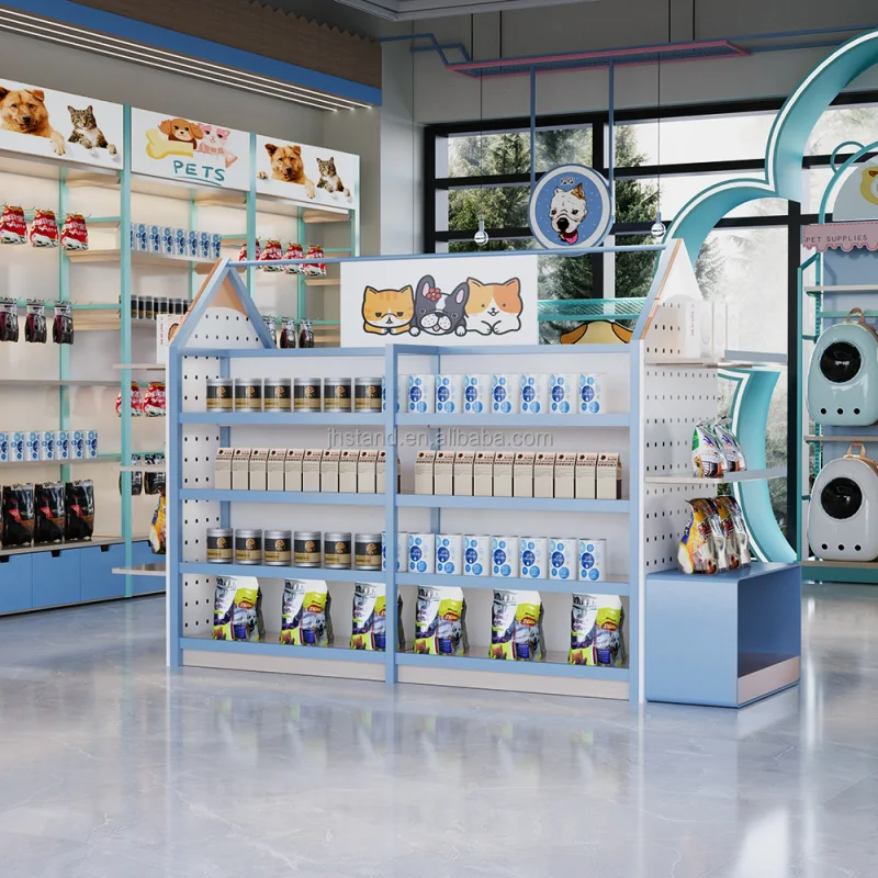 

customized.Retail pet food toys shop display shelves snake counter popup store lovely blue color pets store interior design