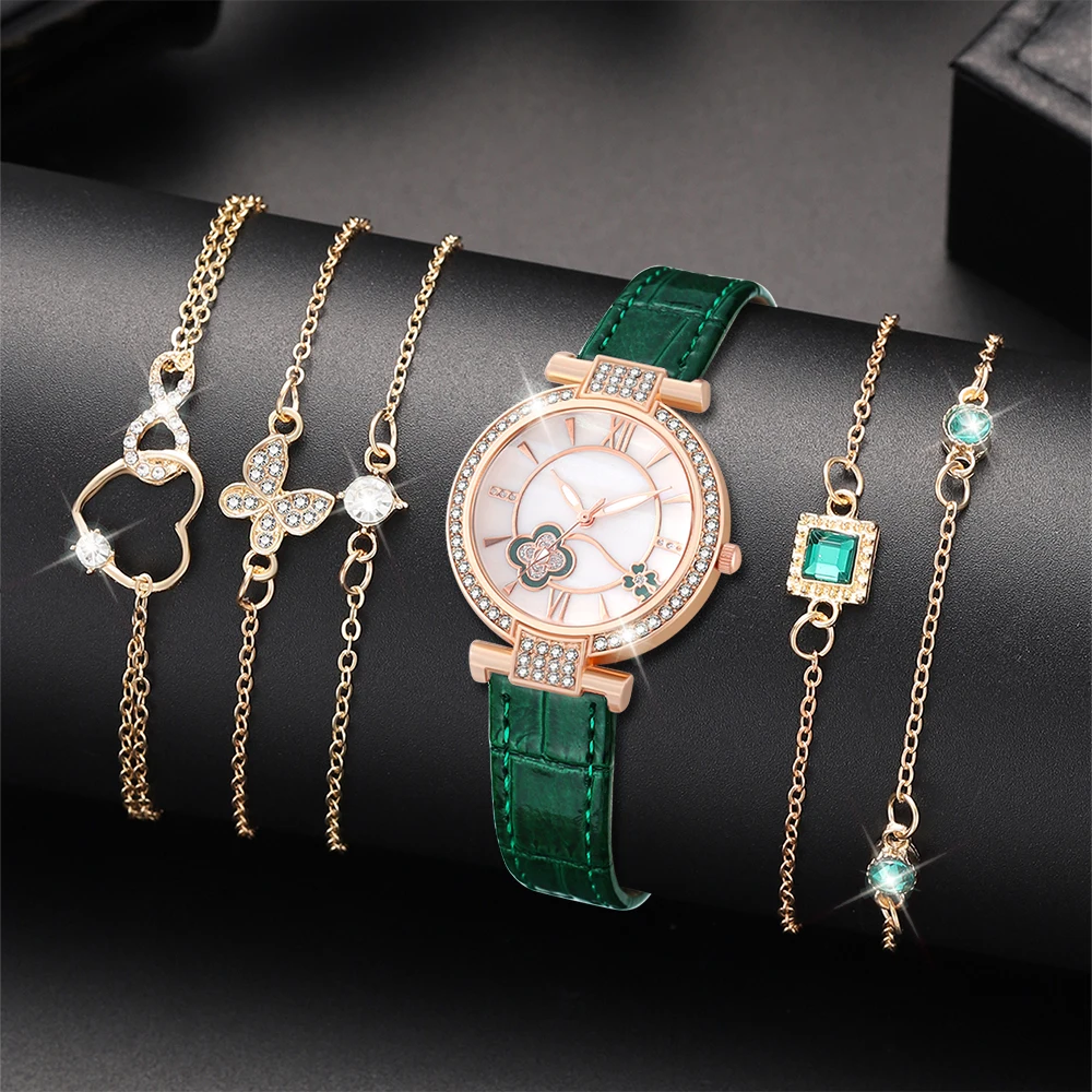 6 Piece Set Women Fashionable Quartz Green Watch Bracelet Casual Fashion Round Simple Watch Exquisite Multi-layer Bracelet Set