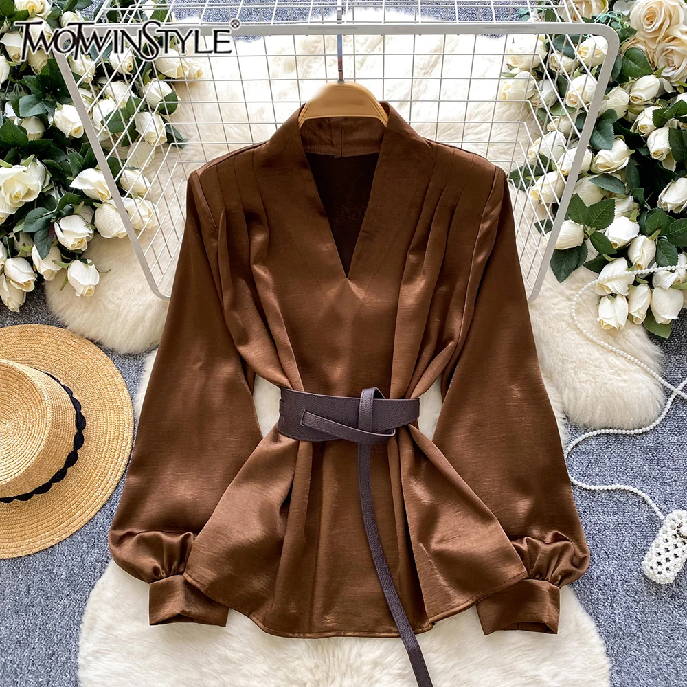 

TWOTWINSTYLE Solid Sexy Crimping Satin Blouses For Women V Neck Long Sleeve Spliced Lace Up Chic Shirts Female Fashion KBL549886
