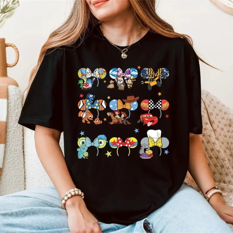 Verão novo bonito mickey criativo impresso camiseta disney feminino novo plus size camiseta y2k retro solto casual manga curta topo
