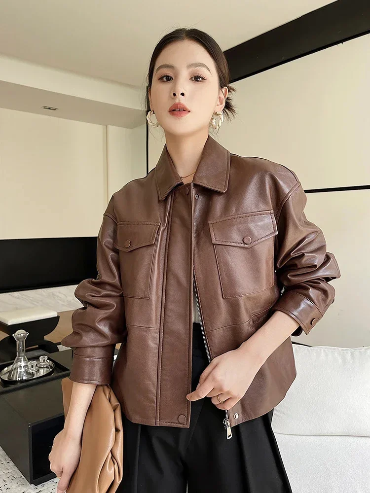 Casual Simple Women's Sheepskin Coat Autumn Winter 2024 Trend High-end Slim Zipper Short Motorcycle Genuine Leather Jacket