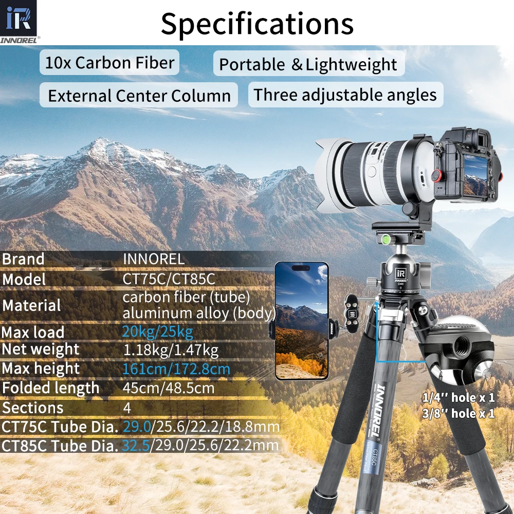 INNOREL CT75C/85C Carbon Fiber Tripod for DSLR Camera Heavy Duty Stand Low Gravity Center Ballhead with Adjustable Center Column