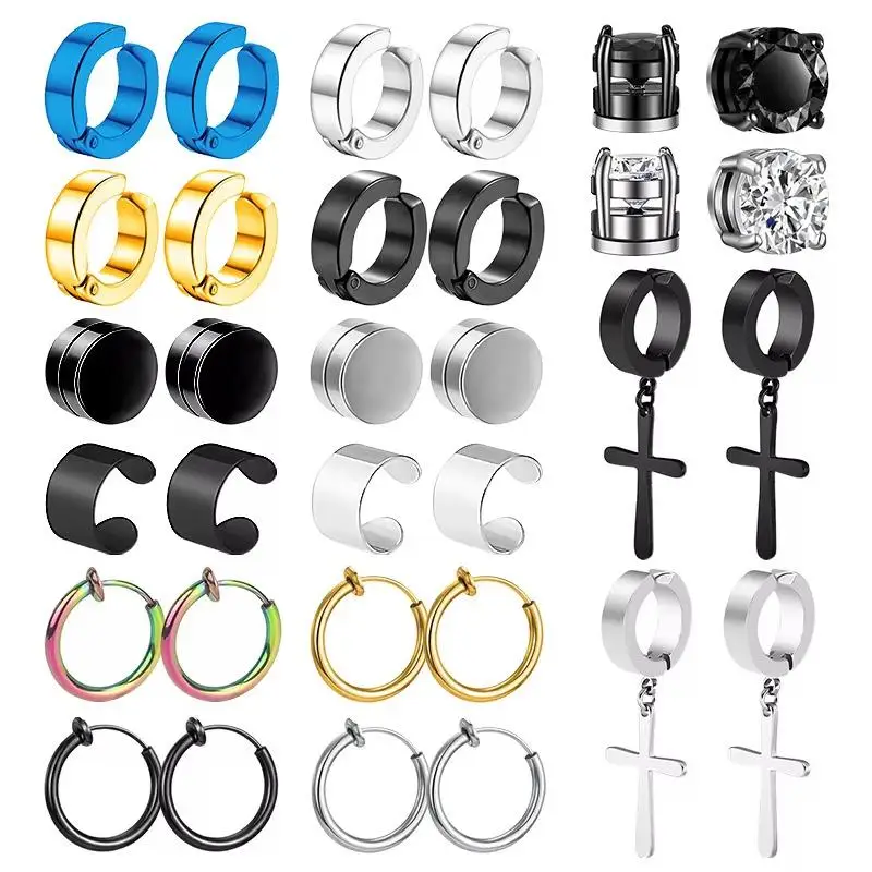 1/16 Pairs Magnetic Stud Earrings Men Stainless Steel Non-Piercing Cross Dangle Hoop Earrings Unisex CZ Magnet Clip on Earrings