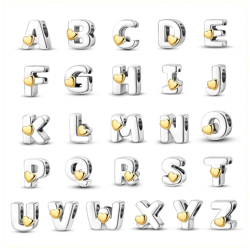 Brand New 26 Letters 925 Sterling Silver Gold Heart Charm Beads for Pandora Bracelet Birthday DIY Jewelry