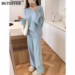 BGTEEVER Casual Ladies 2 Pieces Sweaters Set Long Sleeve Pullovers Tops & Wide Leg Trousers Autumn Winter Female Knitted Outfits