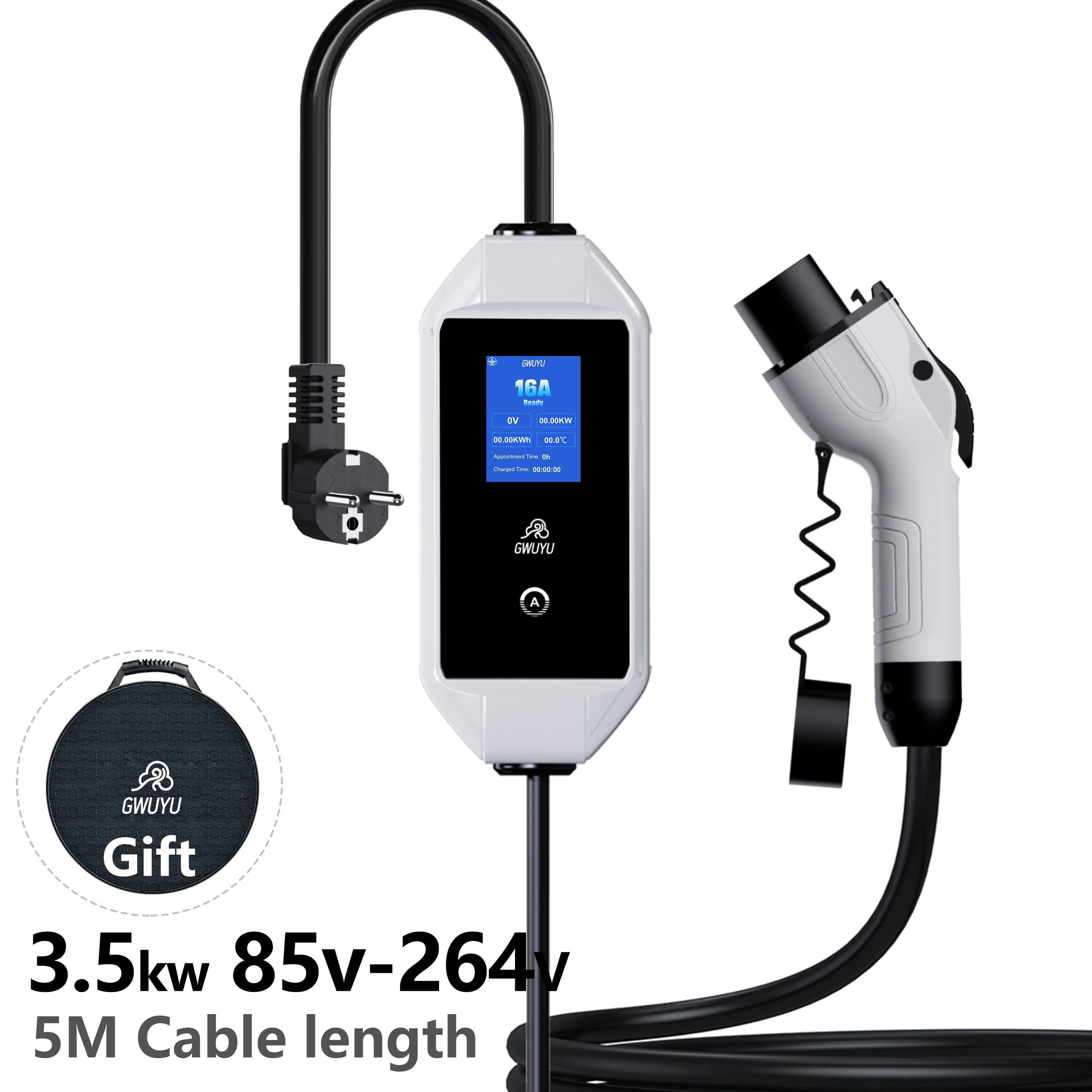 Home Portable GBT EV Charger 3.5KW 2.8 Inch LED Digital Display 5M Charging Cord Indoor Outdoor Dual Use EV Charging Box For GBT