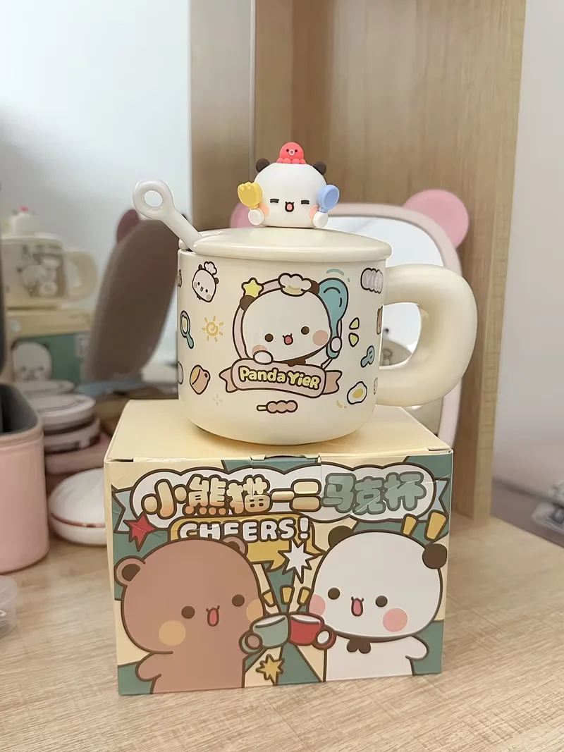 Anime Cute Panda Creative Ceramic Mug With Lid And Spoon Cartoon Print Breakfast Oatmeal Cup For Home Office Coffee Drinking - view 5